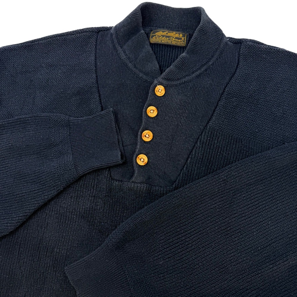 Vintage Eddie Bauer Mens XL Navy Blue Henley Shawl Collar Sweater Mixed Knit